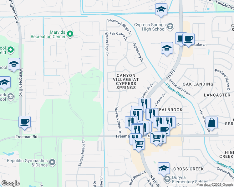 map of restaurants, bars, coffee shops, grocery stores, and more near 20702 Stewart Crest Lane in Cypress