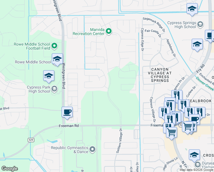 map of restaurants, bars, coffee shops, grocery stores, and more near 20743 Stewart Crest Lane in Cypress