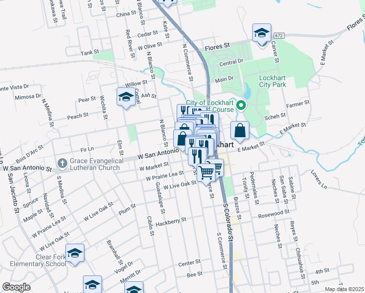 map of restaurants, bars, coffee shops, grocery stores, and more near 103 South Main Street in Lockhart