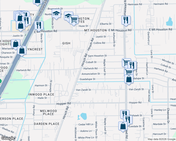 map of restaurants, bars, coffee shops, grocery stores, and more near 5609 Annunciation Street in Houston