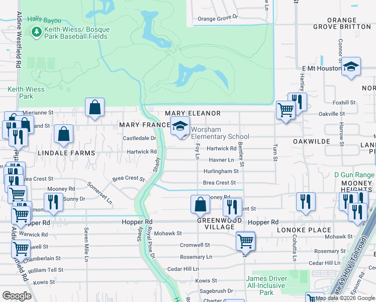 map of restaurants, bars, coffee shops, grocery stores, and more near 3011 Havner Lane in Houston