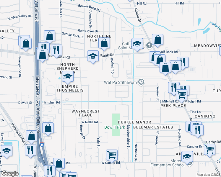 map of restaurants, bars, coffee shops, grocery stores, and more near 8602 Havner Ct in Houston