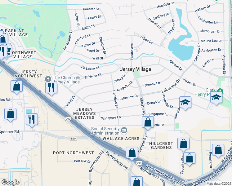 map of restaurants, bars, coffee shops, grocery stores, and more near 16118 Lakeview Drive in Jersey Village