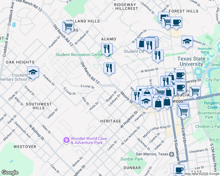 map of restaurants, bars, coffee shops, grocery stores, and more near 518 Rogers Street in San Marcos