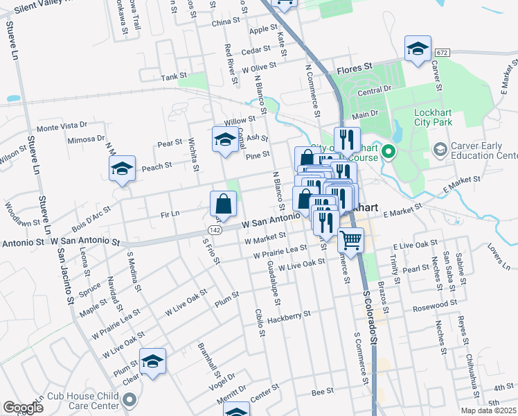 map of restaurants, bars, coffee shops, grocery stores, and more near 119 North Guadalupe Street in Lockhart