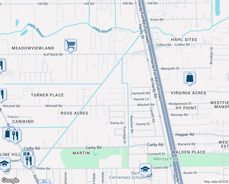 map of restaurants, bars, coffee shops, grocery stores, and more near 1122 Hartwick Road in Houston