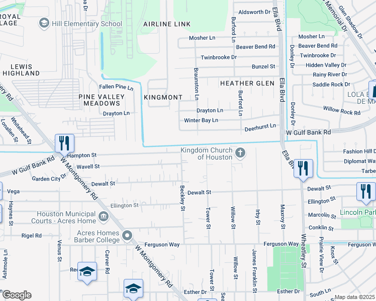 map of restaurants, bars, coffee shops, grocery stores, and more near 9718 Beckley Street in Houston