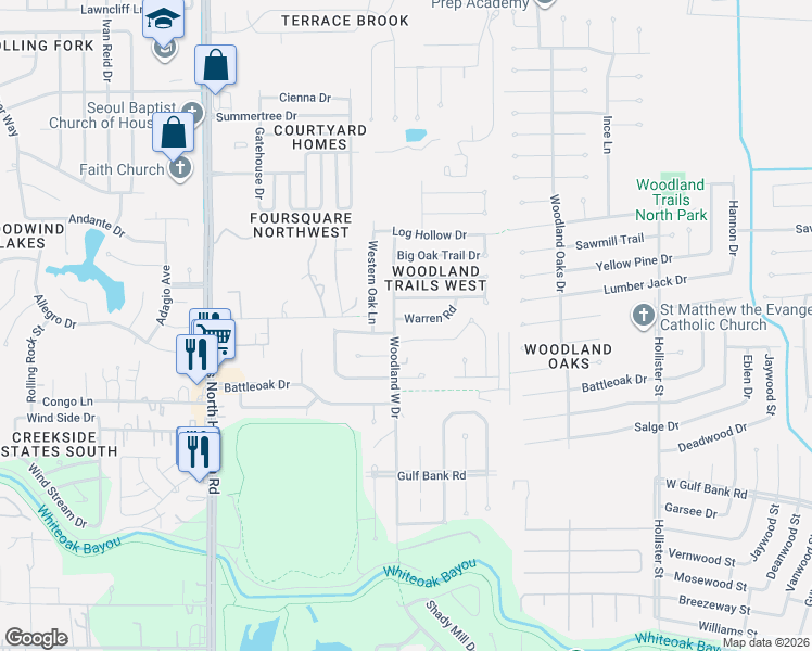 map of restaurants, bars, coffee shops, grocery stores, and more near 8130 Western Trail Drive in Houston
