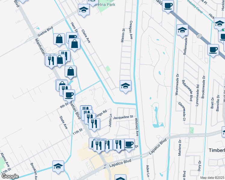 map of restaurants, bars, coffee shops, grocery stores, and more near 3513 Hero Drive in Gretna