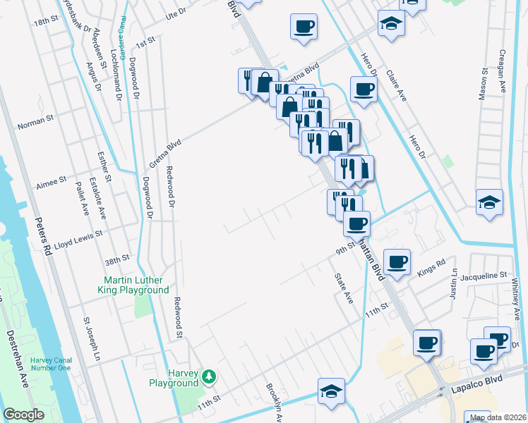 map of restaurants, bars, coffee shops, grocery stores, and more near 1913 Mathis Avenue in Harvey