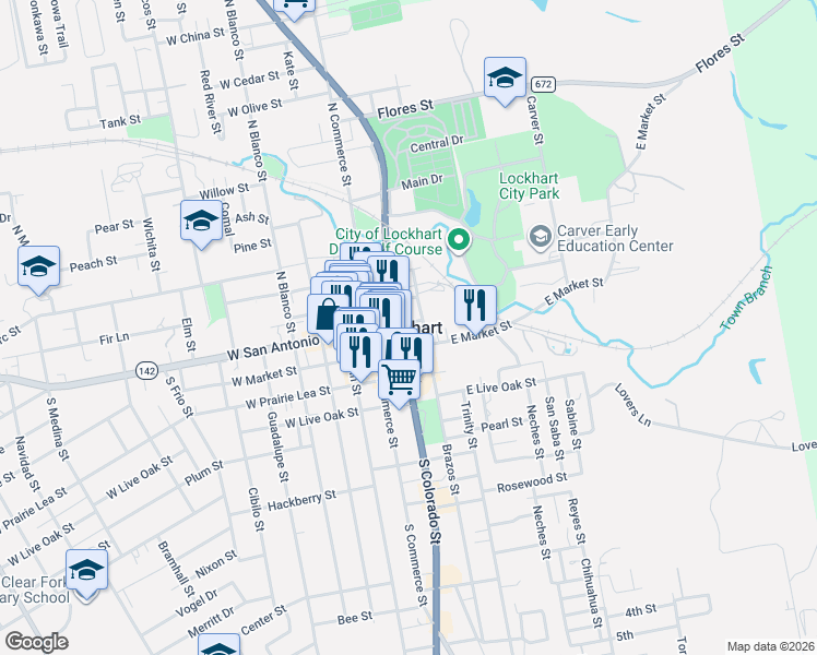 map of restaurants, bars, coffee shops, grocery stores, and more near in Lockhart