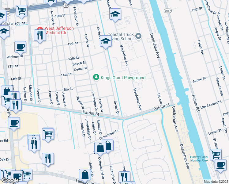 map of restaurants, bars, coffee shops, grocery stores, and more near 1601 Orchid Drive in Harvey