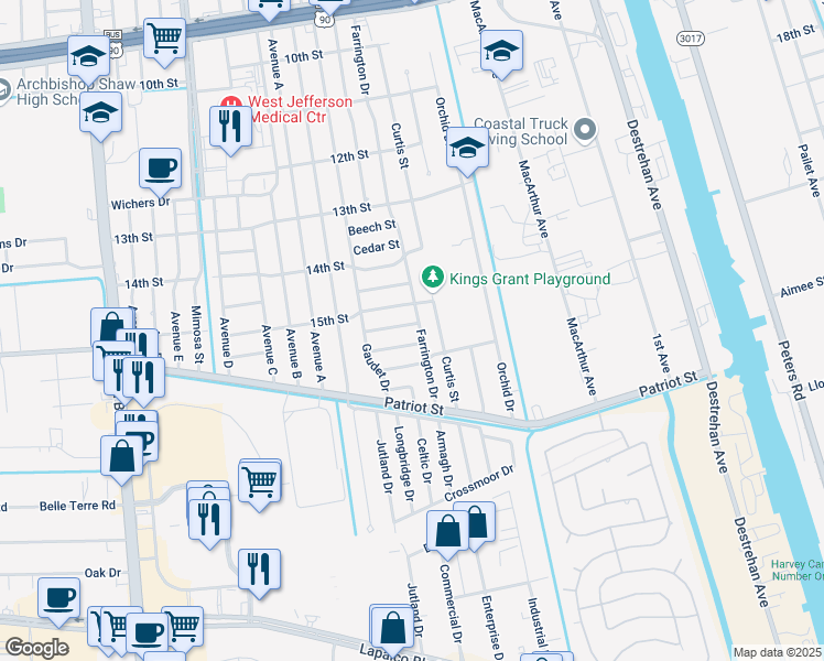 map of restaurants, bars, coffee shops, grocery stores, and more near 1537 Farrington Drive in Marrero