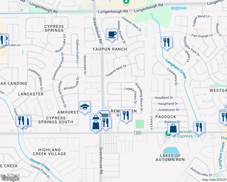 map of restaurants, bars, coffee shops, grocery stores, and more near 7631 Legacy Pines Drive in Cypress