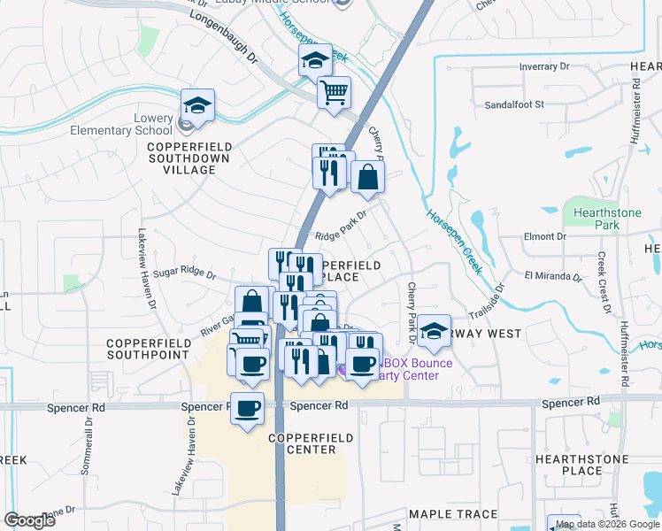 map of restaurants, bars, coffee shops, grocery stores, and more near 7323 Stone Valley Drive in Houston