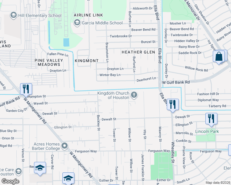 map of restaurants, bars, coffee shops, grocery stores, and more near 9614 Tower Street in Houston