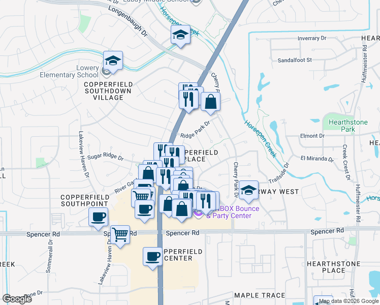 map of restaurants, bars, coffee shops, grocery stores, and more near 7323 Stone Valley Drive in Houston