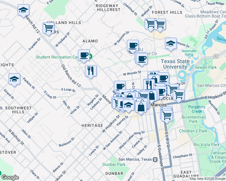 map of restaurants, bars, coffee shops, grocery stores, and more near 428 Burleson Street in San Marcos