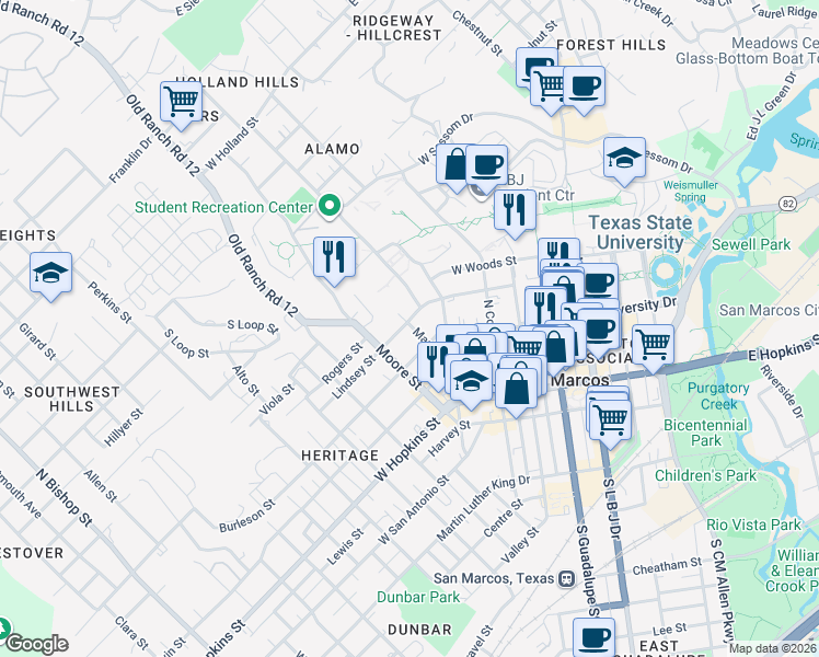 map of restaurants, bars, coffee shops, grocery stores, and more near 428 Burleson Street in San Marcos