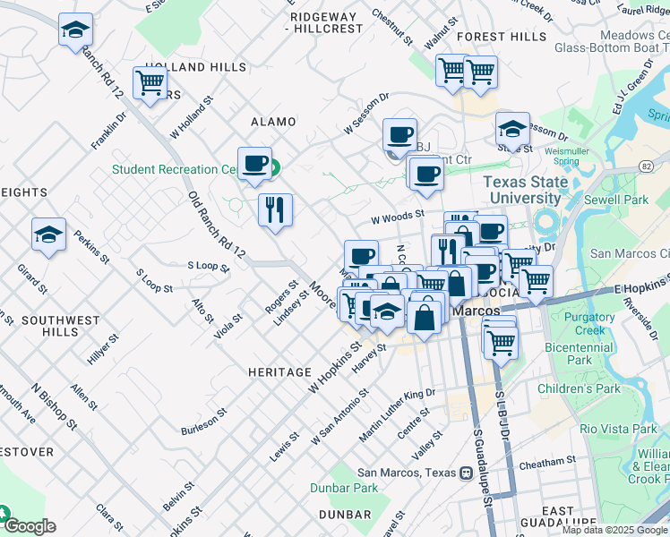 map of restaurants, bars, coffee shops, grocery stores, and more near 428 Burleson Street in San Marcos