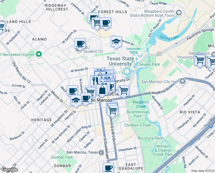map of restaurants, bars, coffee shops, grocery stores, and more near 326 Texas 82 Loop in San Marcos