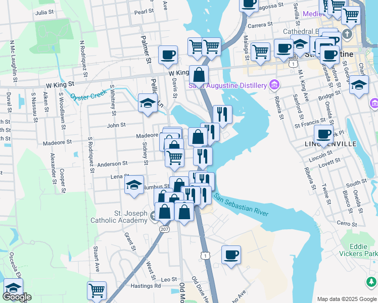 map of restaurants, bars, coffee shops, grocery stores, and more near 17 Anderson Street in St. Augustine