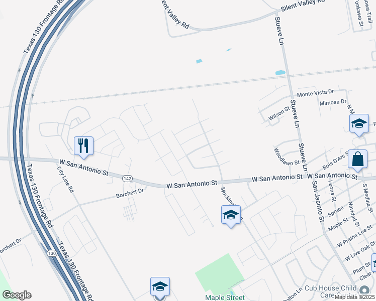 map of restaurants, bars, coffee shops, grocery stores, and more near 215 Windridge Drive in Lockhart