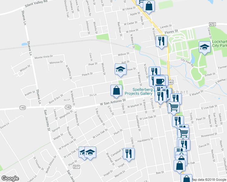 map of restaurants, bars, coffee shops, grocery stores, and more near 148 Elm Street in Lockhart