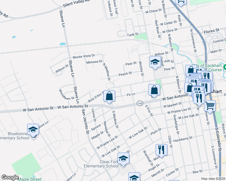 map of restaurants, bars, coffee shops, grocery stores, and more near 833 Fir Lane in Lockhart