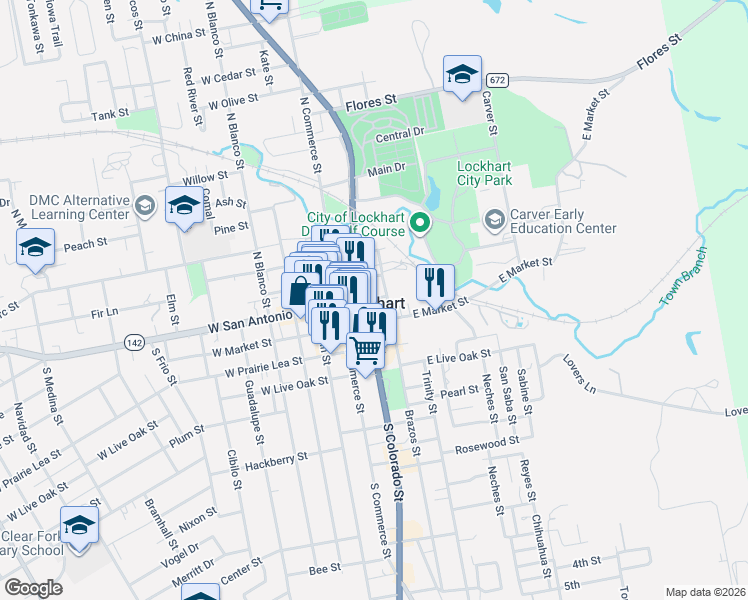 map of restaurants, bars, coffee shops, grocery stores, and more near in Lockhart