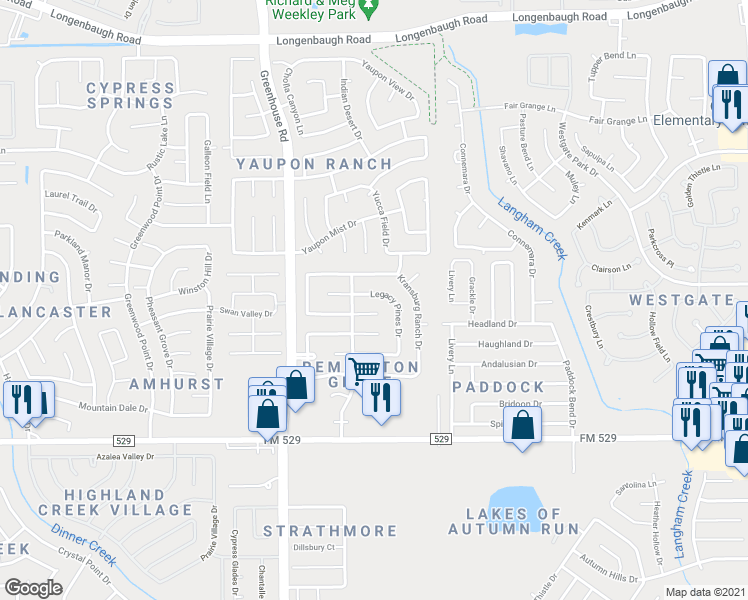 map of restaurants, bars, coffee shops, grocery stores, and more near 7523 Legacy Pines Drive in Cypress