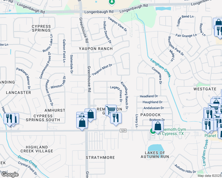 map of restaurants, bars, coffee shops, grocery stores, and more near 19027 South Whimsey Drive in Cypress