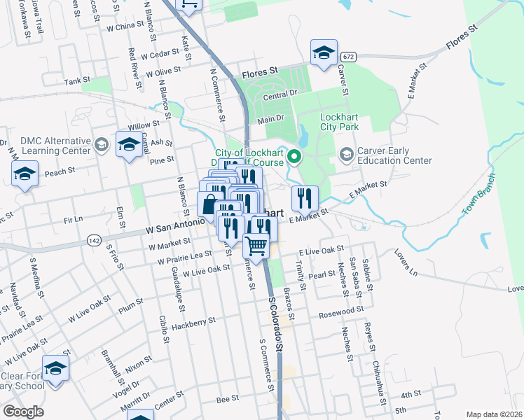 map of restaurants, bars, coffee shops, grocery stores, and more near in Lockhart