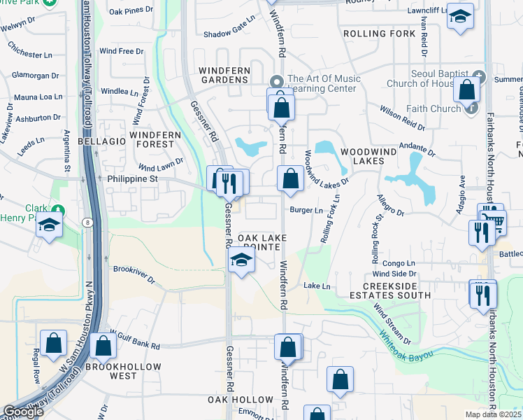 map of restaurants, bars, coffee shops, grocery stores, and more near 14333 Philippine Street in Houston