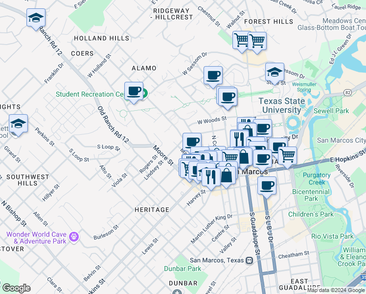 map of restaurants, bars, coffee shops, grocery stores, and more near 428 Burleson Street in San Marcos