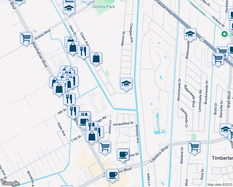 map of restaurants, bars, coffee shops, grocery stores, and more near 3513 Hero Drive in Gretna