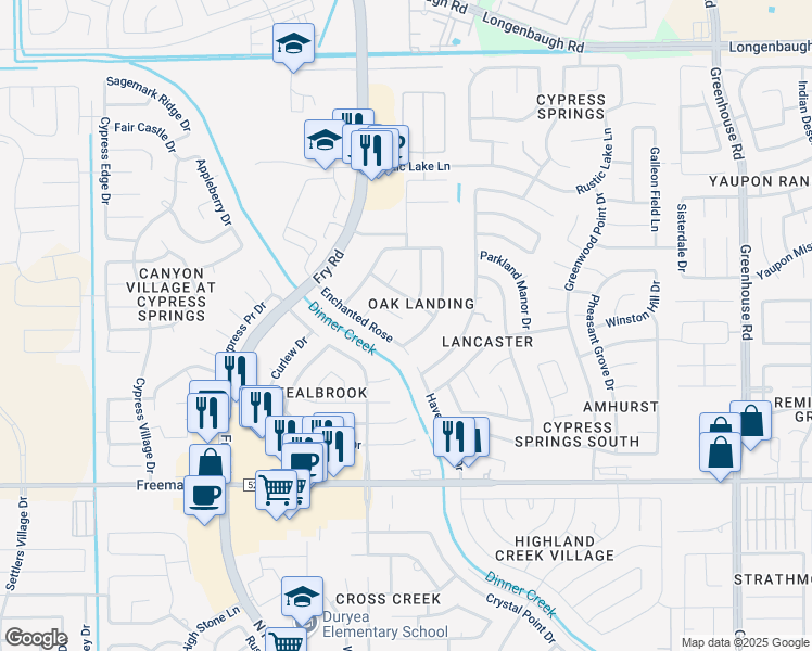 map of restaurants, bars, coffee shops, grocery stores, and more near 7406 Oakwood Canyon Drive in Cypress