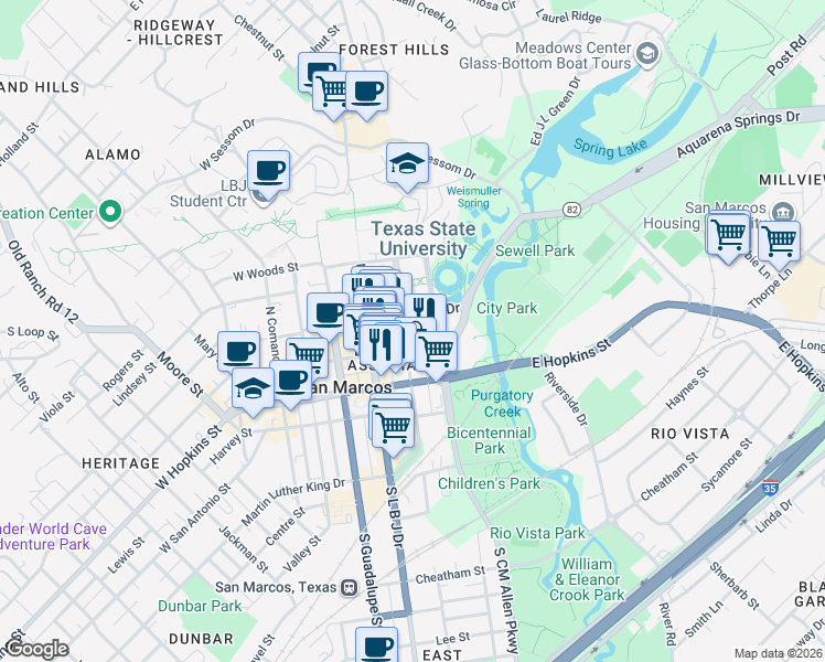 map of restaurants, bars, coffee shops, grocery stores, and more near 306 North Edward Gary Street in San Marcos