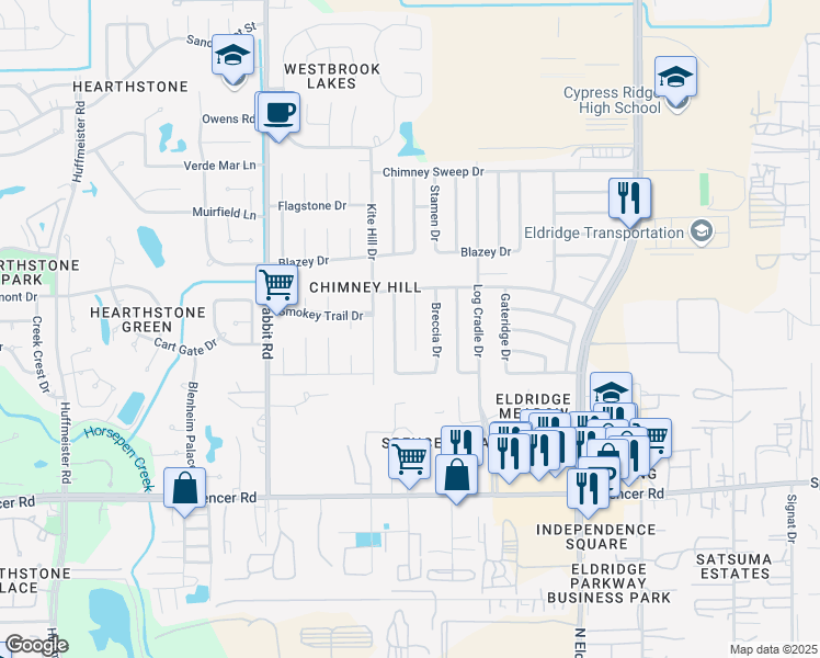 map of restaurants, bars, coffee shops, grocery stores, and more near 7403 Weatherhill Lane in Houston