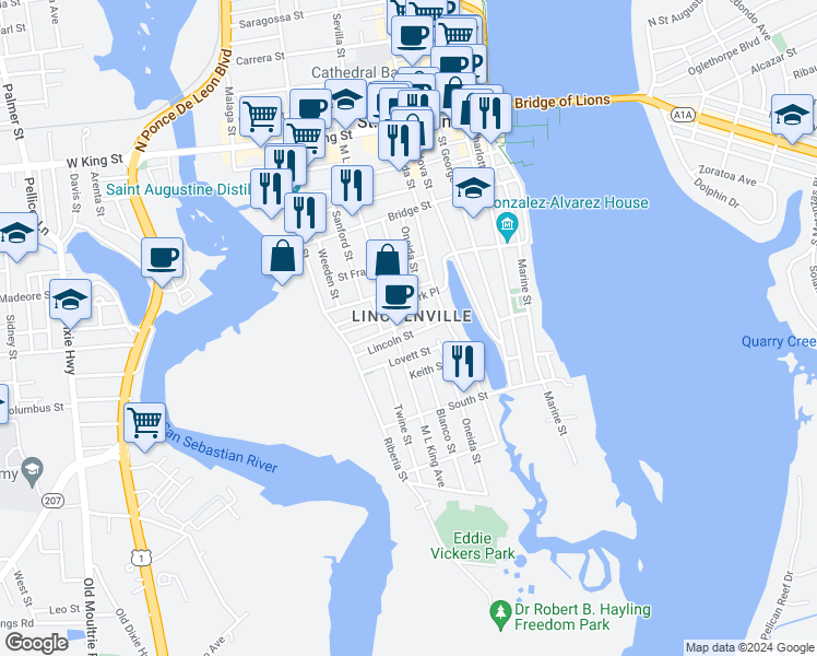 map of restaurants, bars, coffee shops, grocery stores, and more near 93 Kings Ferry Way in Saint Augustine