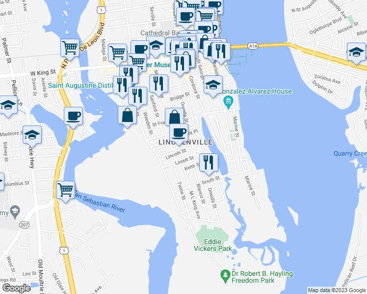 map of restaurants, bars, coffee shops, grocery stores, and more near 93 Kings Ferry Way in St. Augustine