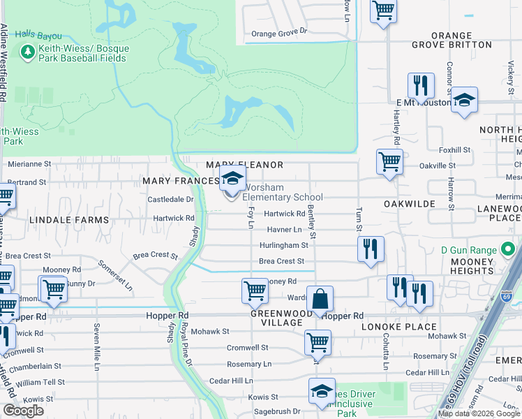 map of restaurants, bars, coffee shops, grocery stores, and more near 3119 Havner Lane in Houston