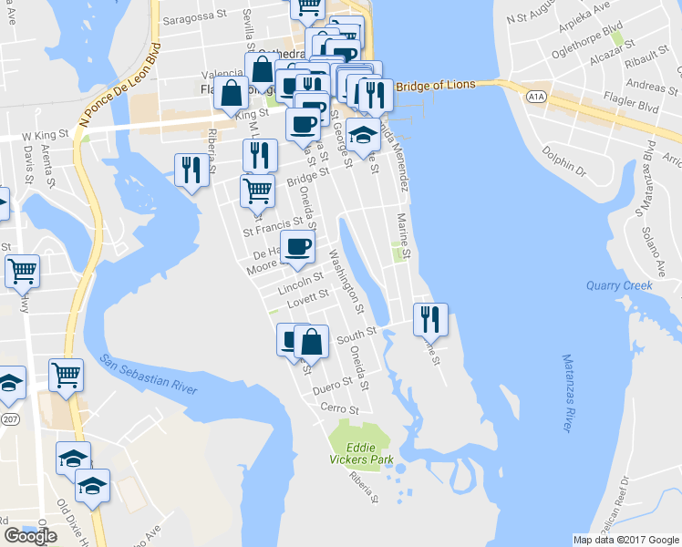 map of restaurants, bars, coffee shops, grocery stores, and more near Washington Street in St. Augustine