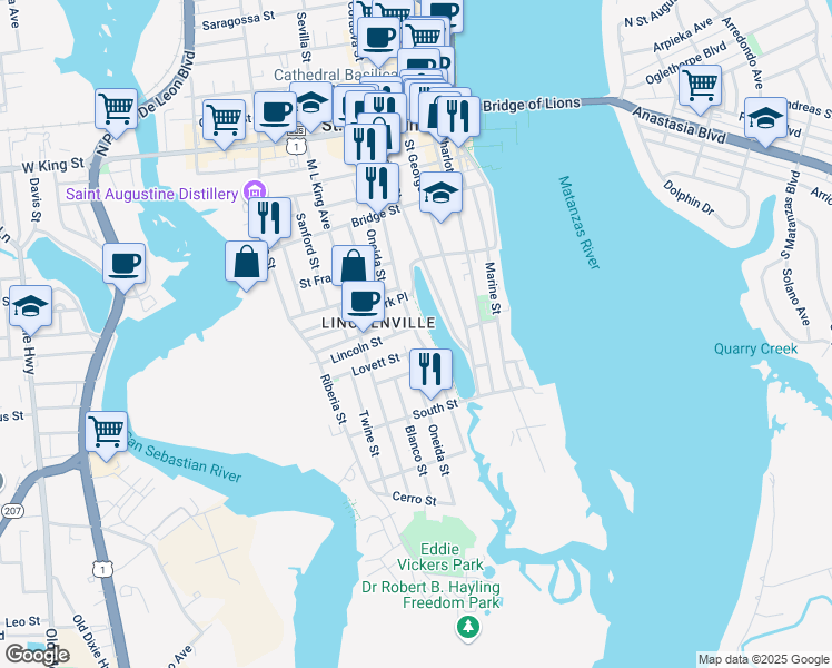 map of restaurants, bars, coffee shops, grocery stores, and more near Washington Street in St. Augustine