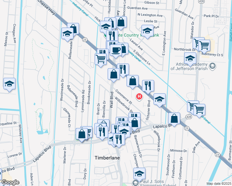 map of restaurants, bars, coffee shops, grocery stores, and more near 203 Wall Boulevard in Gretna