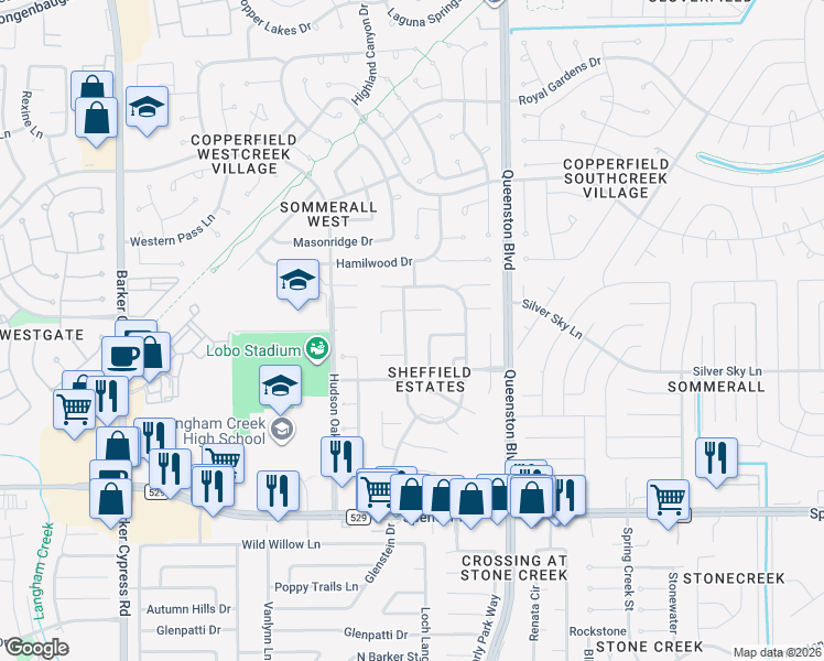 map of restaurants, bars, coffee shops, grocery stores, and more near 7315 April Creek Lane in Houston