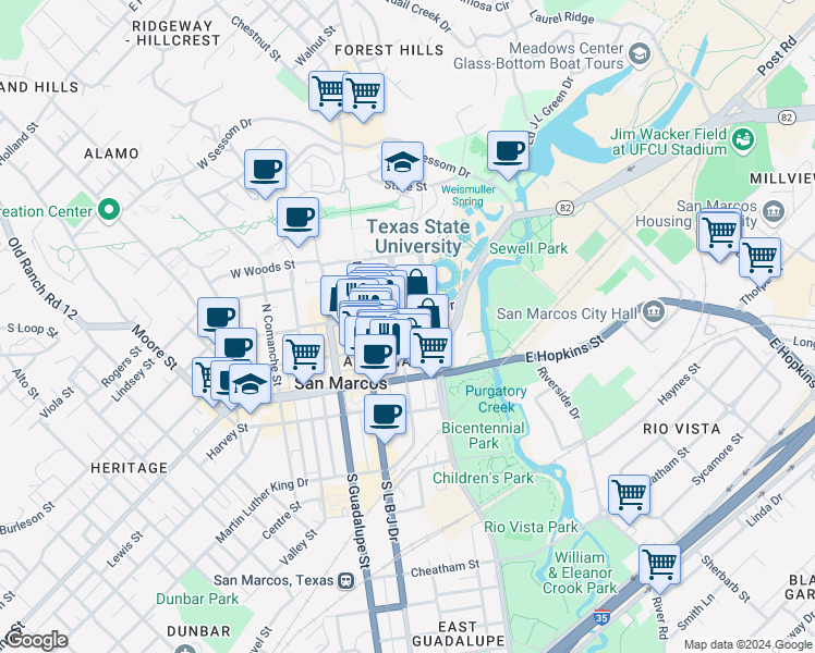 map of restaurants, bars, coffee shops, grocery stores, and more near 212 East Hutchison Street in San Marcos