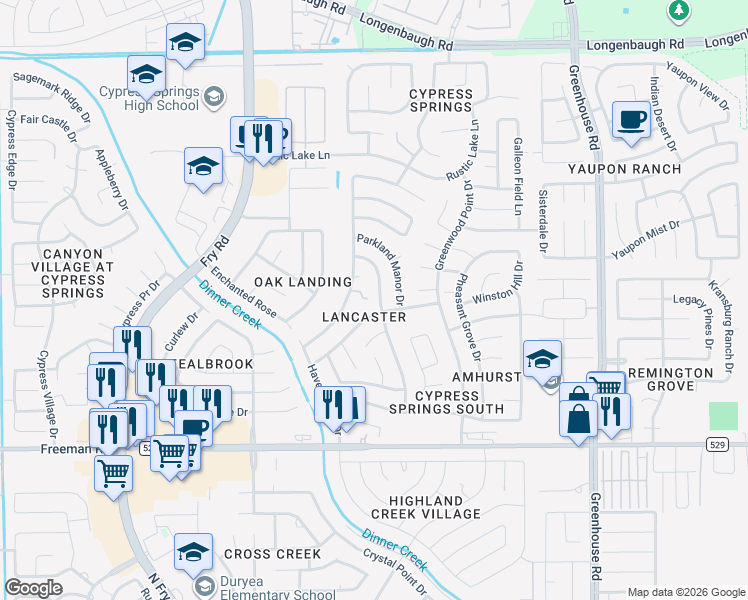 map of restaurants, bars, coffee shops, grocery stores, and more near 7311 Village Lake Drive in Cypress