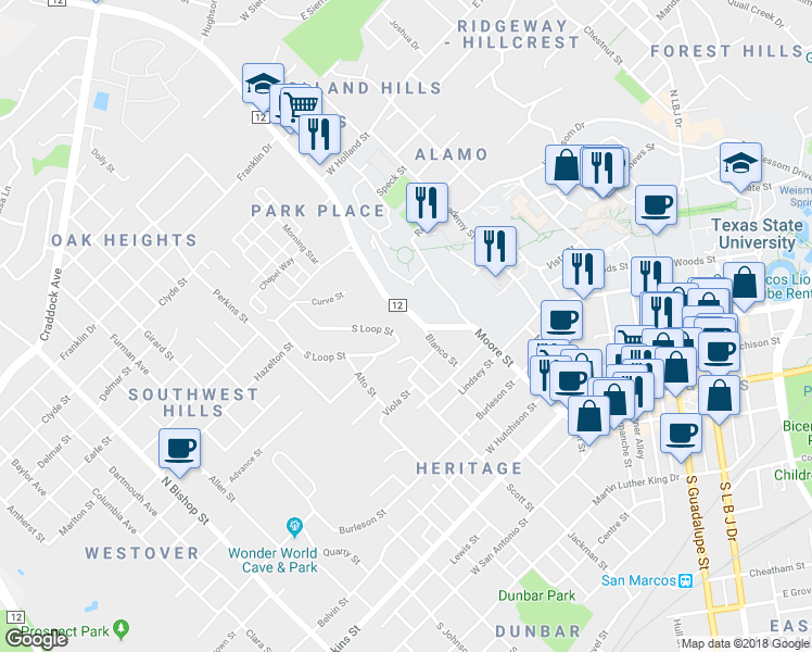 map of restaurants, bars, coffee shops, grocery stores, and more near 803 Blanco Street in San Marcos
