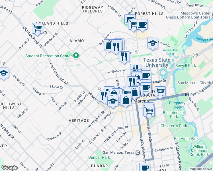 map of restaurants, bars, coffee shops, grocery stores, and more near 323 Lindsey Street in San Marcos